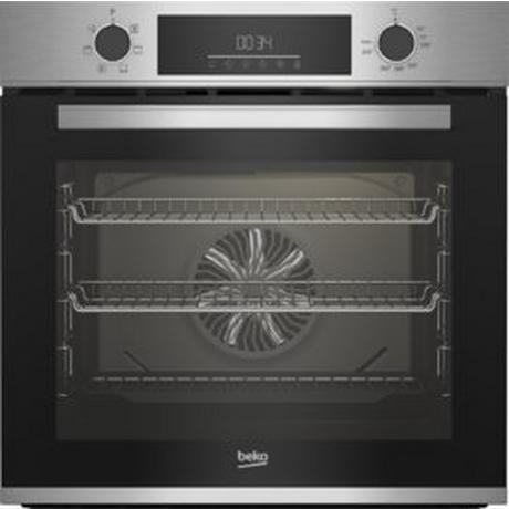 Built-in electric oven with a sleek stainless steel finish, featuring a glass door, digital display, and two wire racks for versatile cooking.