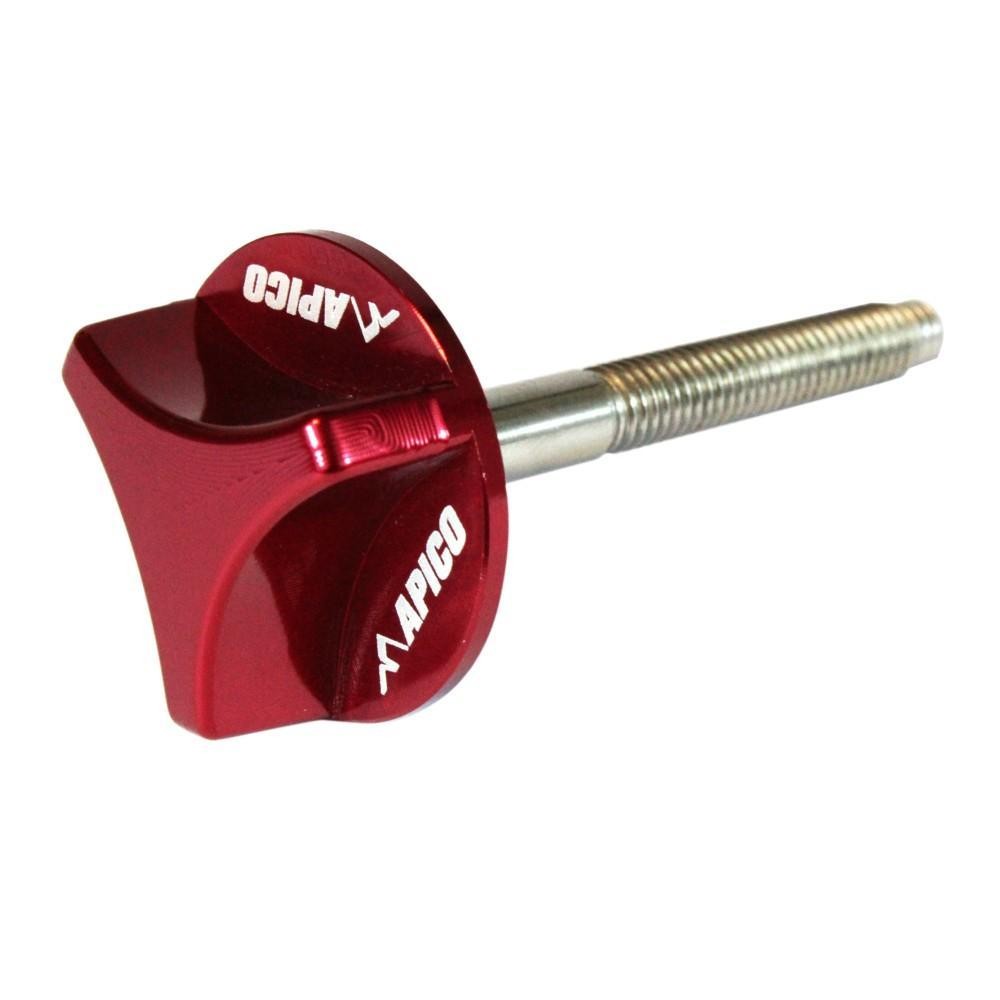 Red CNC air filter bolt with a distinctive winged design, featuring the "Apico" logo, and a silver threaded shaft, compatible with various Honda CRF models from 2002 to 2023.