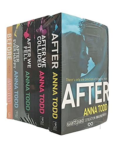 Five-book box set of "The Complete After Series" by Anna Todd, featuring colorful spines in shades of blue, pink, and yellow, with titles clearly visible on each book.