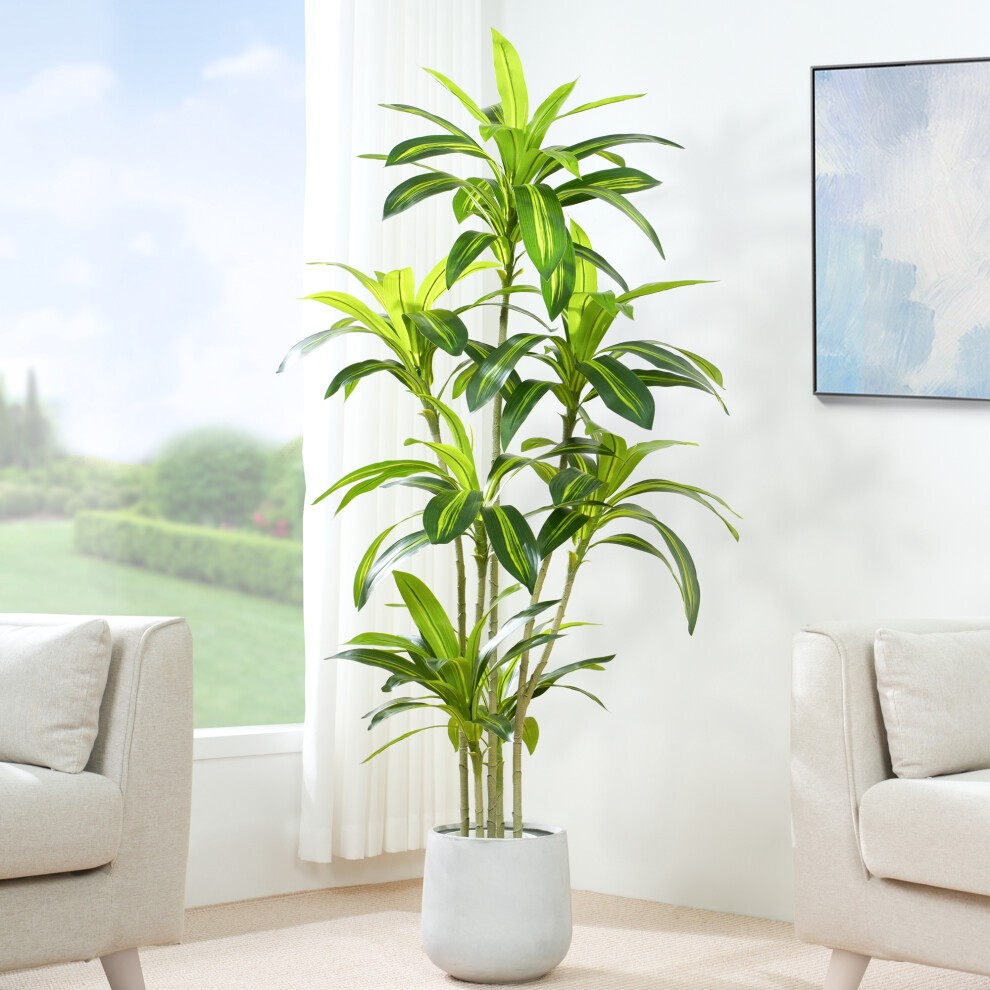 Tall artificial agave tree with vibrant green leaves, set in a white plastic planter, accompanied by decorative moss, ideal for indoor decor.