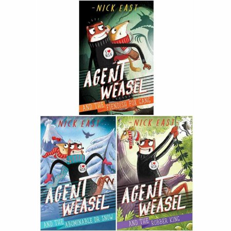 Collection box set featuring three colorful "Agent Weasel" books by Nick East, showcasing vibrant illustrations of weasels in various adventurous scenes.