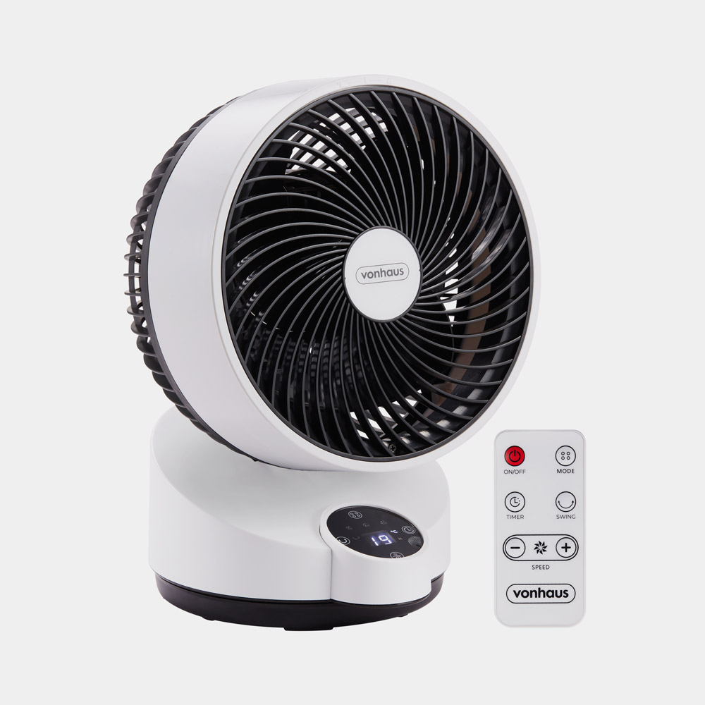 White VonHaus air circulator cooling fan with a sleek design, featuring a black grille, digital control panel, and remote control for adjustable speed and modes.