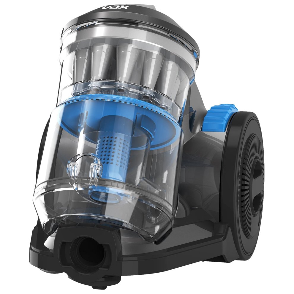 Grey and blue Vax CCQSASV1P1 Air Stretch Pet Vacuum Cleaner featuring a transparent dust container, ergonomic handle, and a compact design for easy maneuverability.
