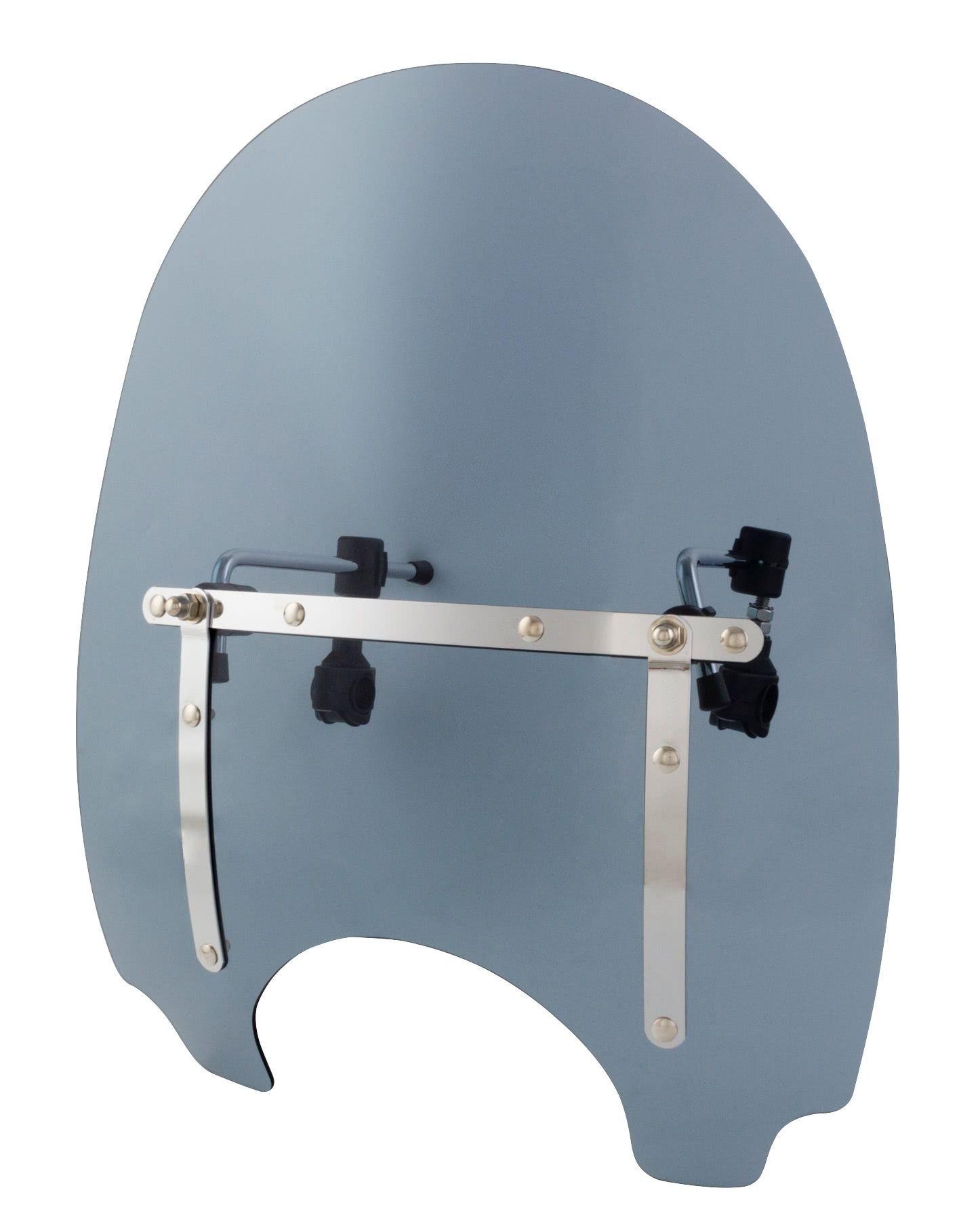 Smoked acrylic cruiser screen with a curved shape, featuring a silver metal fitting kit and adjustable mounting brackets for easy installation.