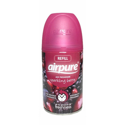 Airpure Air-O-Matic Refill in Sparkling Berry, 250 ml, features a vibrant pink cap and a colorful label with berry illustrations, designed for automatic air freshening.
