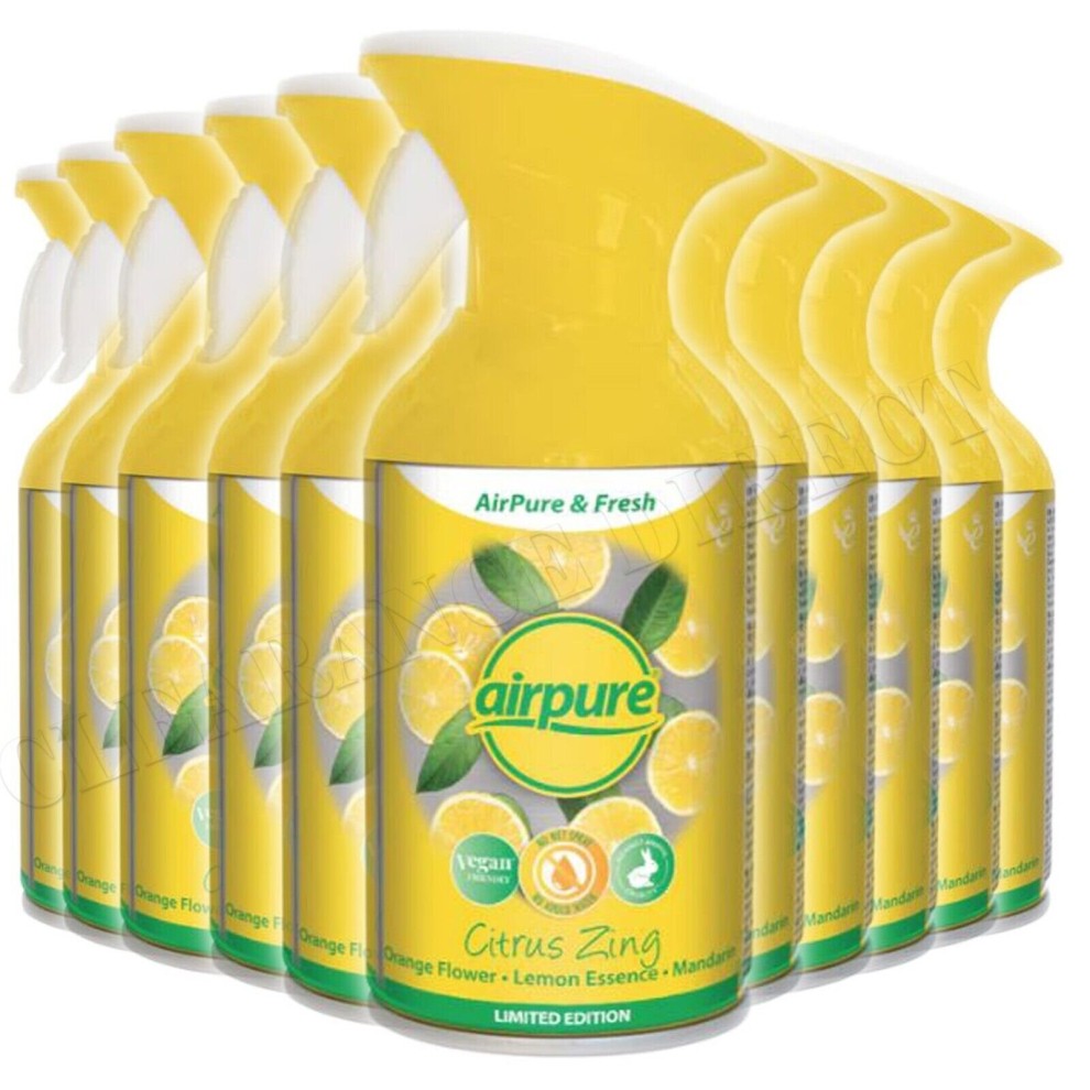 Yellow spray bottle of Airpure Trigger Fresh Air Freshener, labeled "Citrus Zing," featuring images of lemons and mandarin, with a limited edition tag.