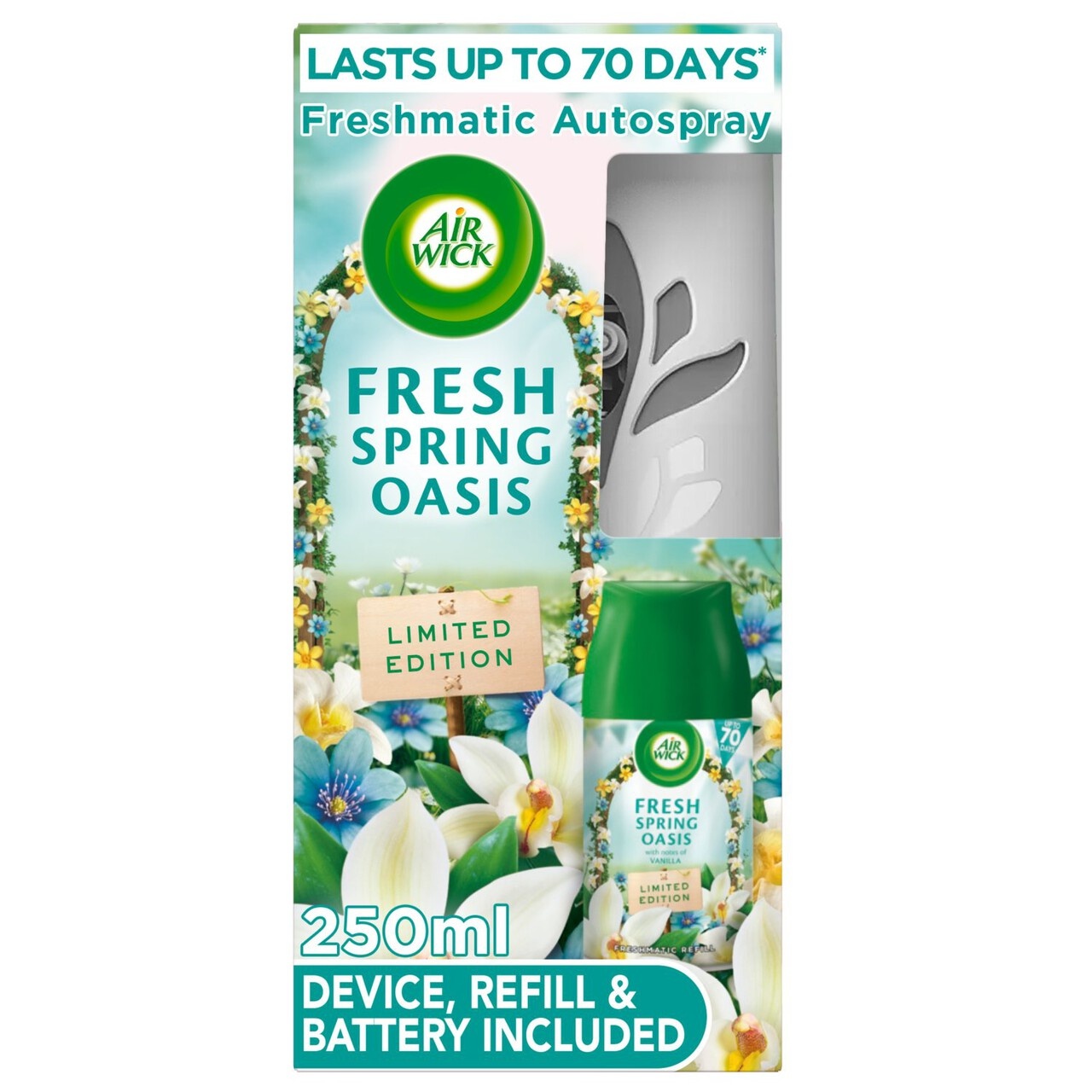 Air Wick Freshmatic Autospray kit in a fresh spring oasis scent, featuring a white device, green accents, and a 250ml refill bottle, with floral designs and a "limited edition" label.