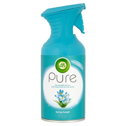 Aqua-colored aerosol can with a textured grip, featuring a white label that reads "Air Wick Pure" and "Spring Delight," designed to neutralize odors without wet spray.