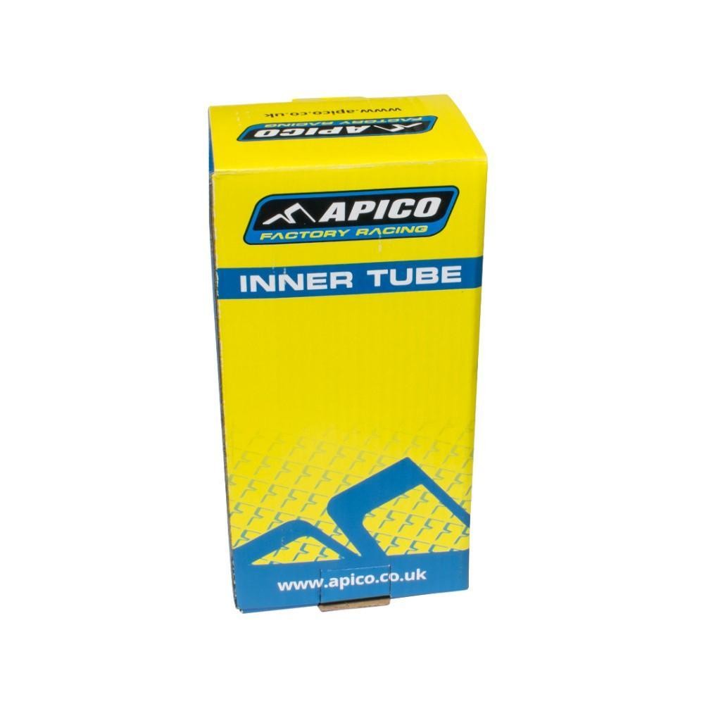 Bright yellow box with blue accents labeled "APICO INNER TUBE," designed for 450/500-18 rear tires, featuring a textured pattern and the Apico logo prominently displayed.