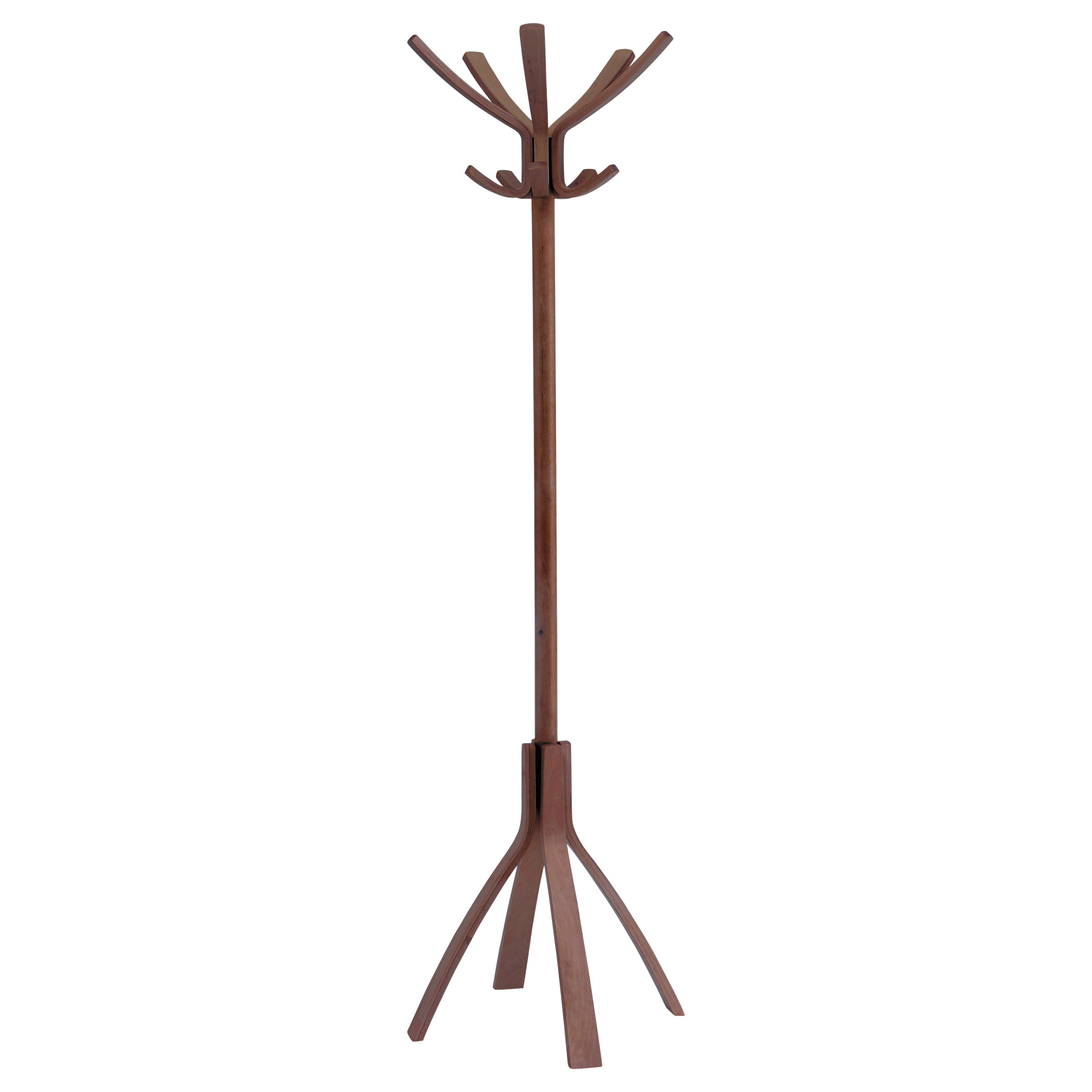 Floorstanding coat rack with 10 wooden hooks, featuring a sleek, brown finish and a tripod base for stability, designed for stylish and functional storage.