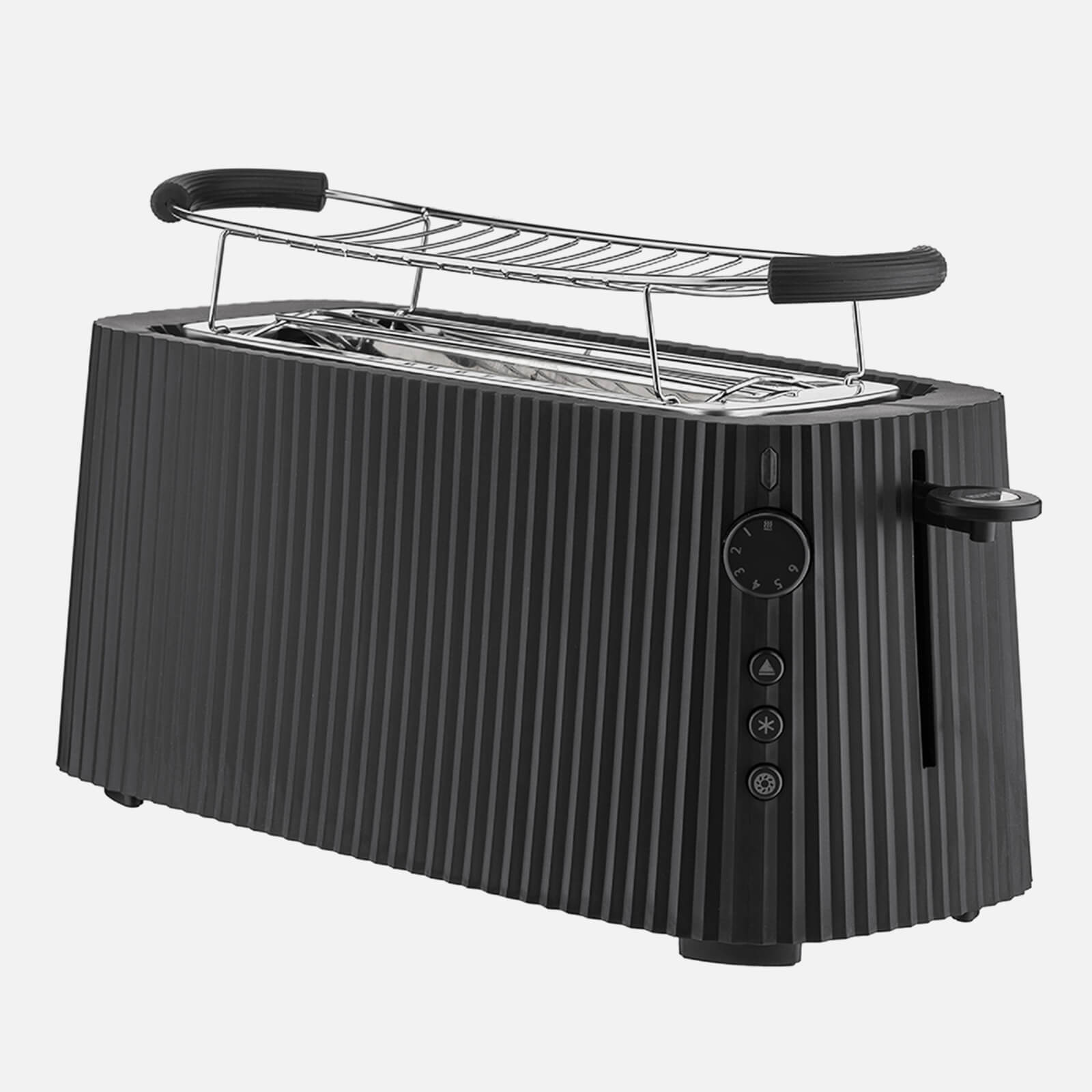 Black Alessi Plisse 2 Long Compartment Toaster featuring a ribbed exterior, stainless steel rack, and adjustable settings for toasting.