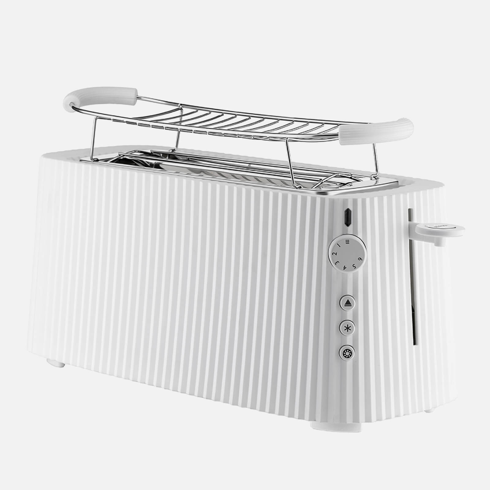 White Alessi Plisse 2 Long Compartment Toaster features a ribbed design, stainless steel rack, and control knobs for browning settings.