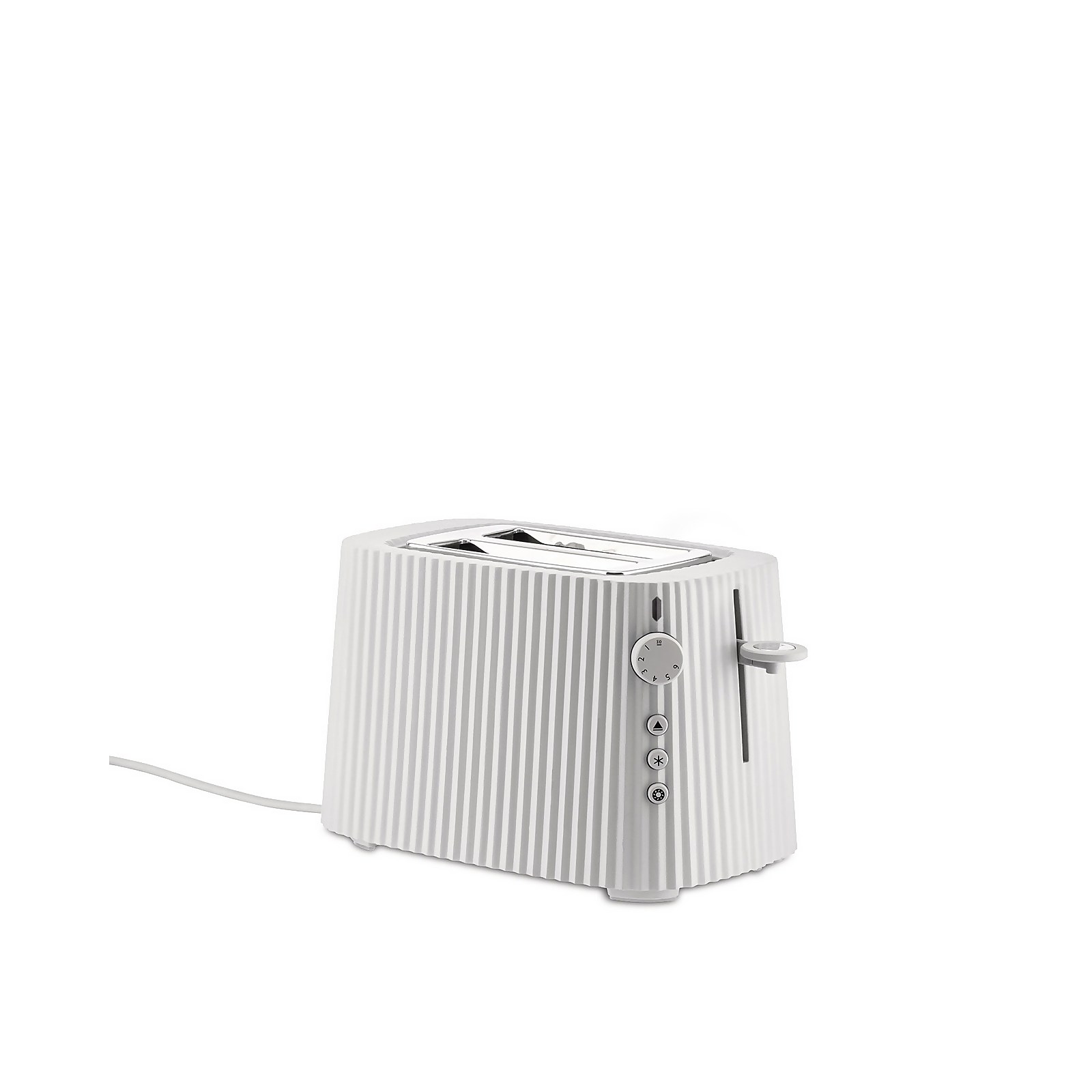 White ribbed toaster with a sleek design, featuring a chrome lever and dial, and a slot for toasting bread, made from durable materials by Alessi.