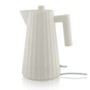 Alessi Plisse Electric Kettle in white, featuring a ribbed design, a spout, and a comfortable handle, with a 1.7L capacity and a sleek, modern aesthetic.