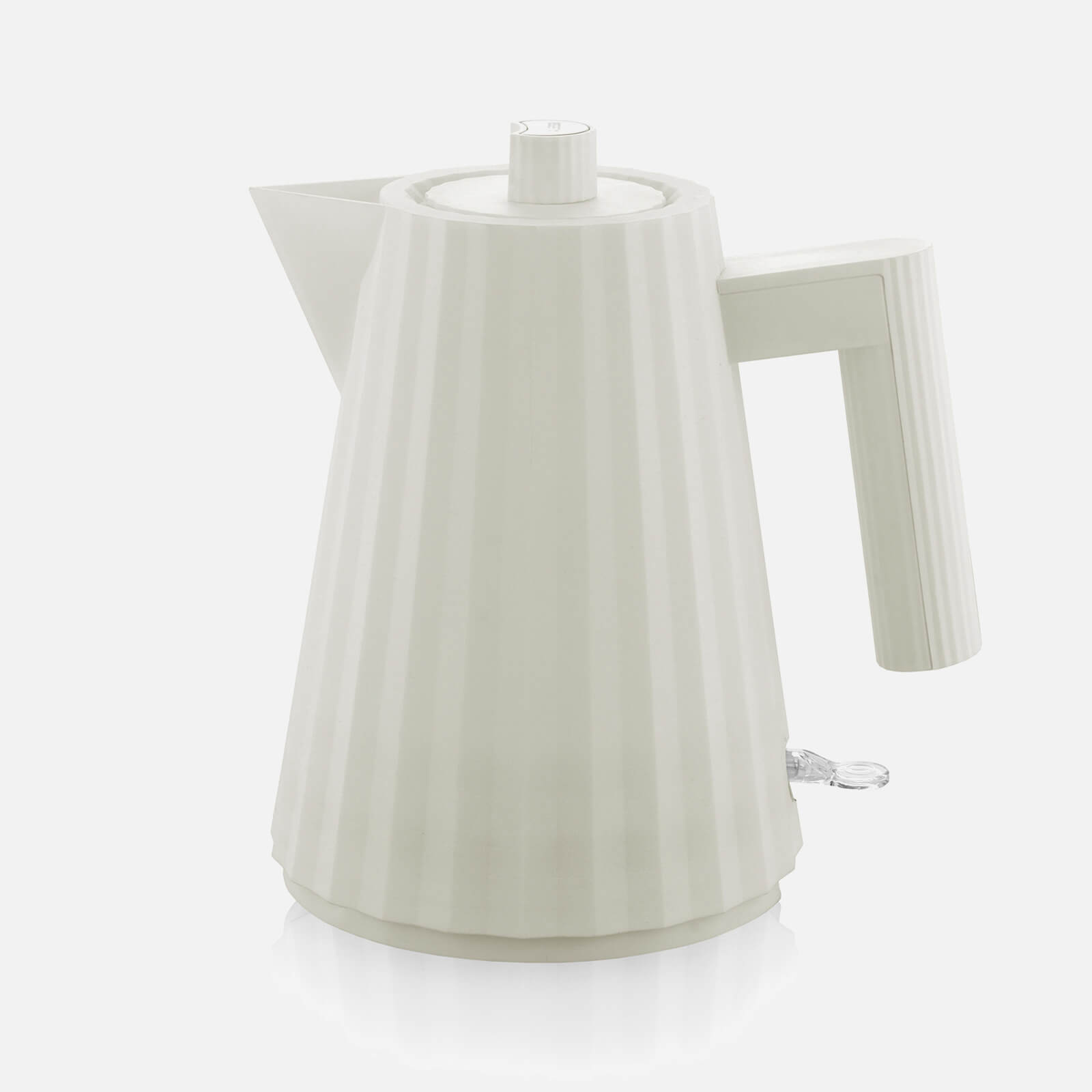 White electric kettle with a ribbed design, 1L capacity, featuring a spout, a handle, and a simple lid, made from durable material by Alessi.