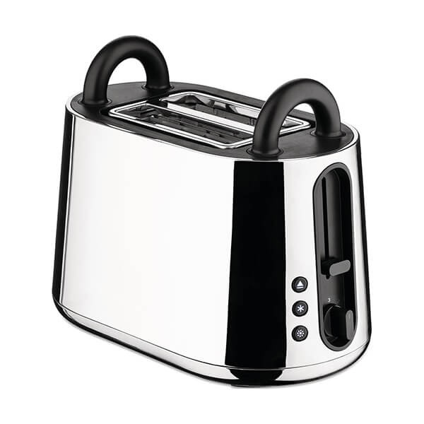 Sleek chrome-finished Alessi Toru toaster features two slots, black ergonomic handles, and a side lever for easy operation.