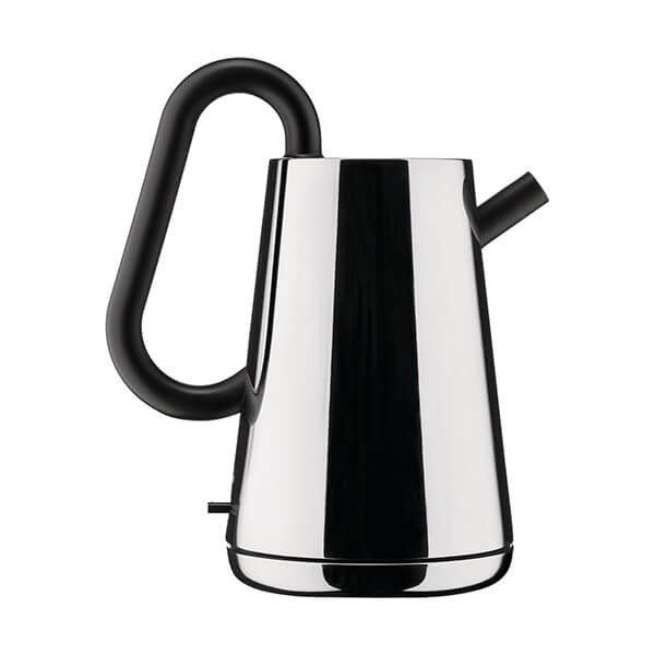 Shiny stainless steel electric kettle with a sleek, modern design, featuring a black handle and spout, and a minimalist aesthetic.