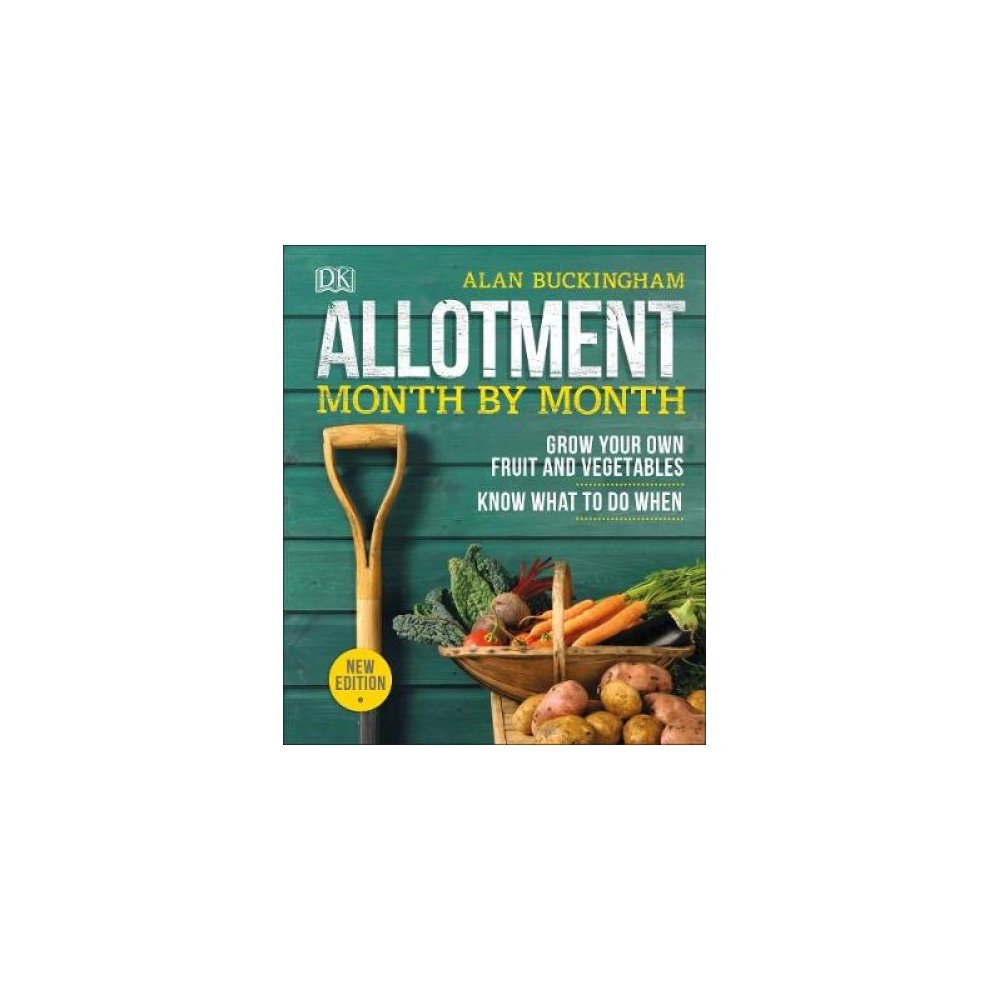 Book cover featuring "Allotment Month by Month" by Alan Buckingham, with a green wood background, a golden spade, and various colorful fruits and vegetables at the bottom.