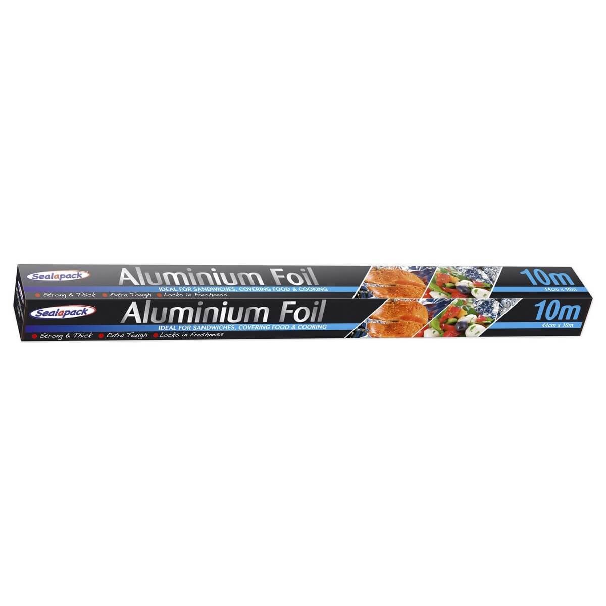 Sealapack 10M Aluminium Kitchen Foil Roll, featuring a strong and thick design, measures 44cm wide, with packaging displaying food images and clear product details.