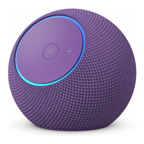 Purple fabric-covered spherical speaker with a smooth, circular control panel featuring volume buttons and a light ring around the edge.
