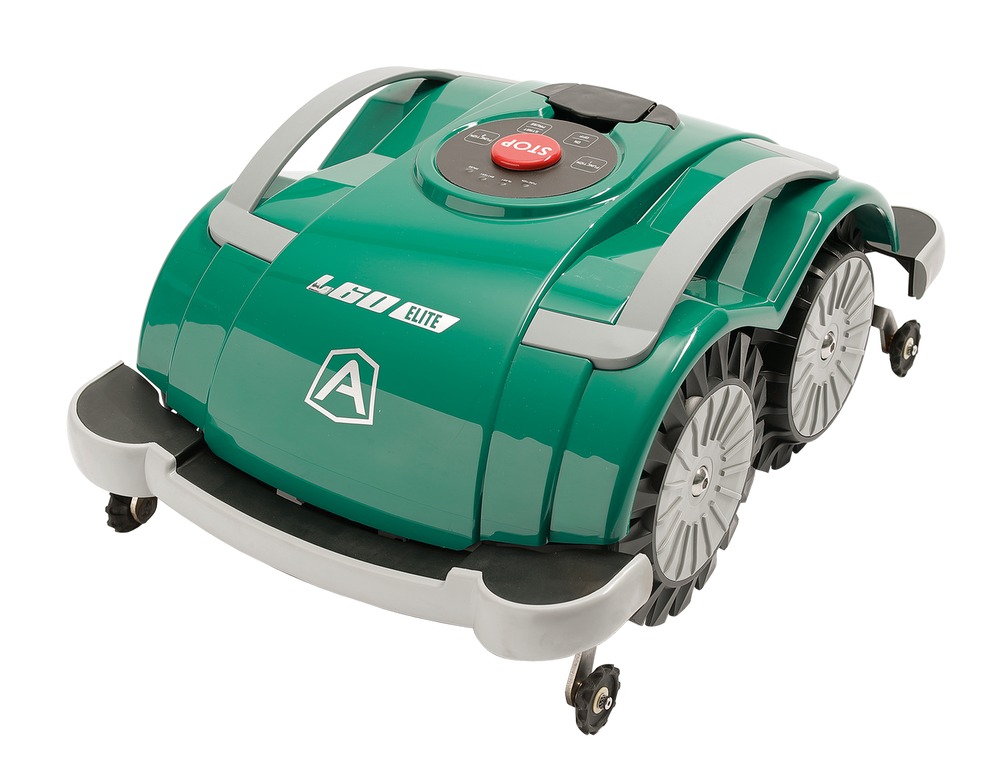 Green robotic lawn mower with a sleek design, featuring large wheels, a central control panel with a stop button, and the "L60 Elite" logo prominently displayed.