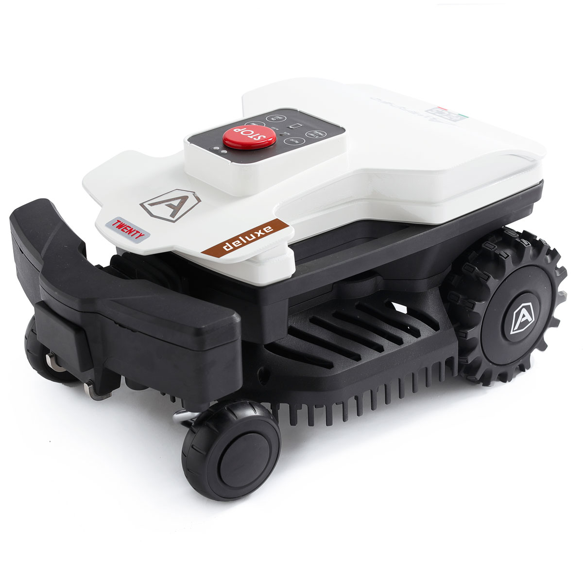 Compact robotic mower in white and black, featuring a red control panel, rugged wheels, and a sleek design for efficient lawn care.