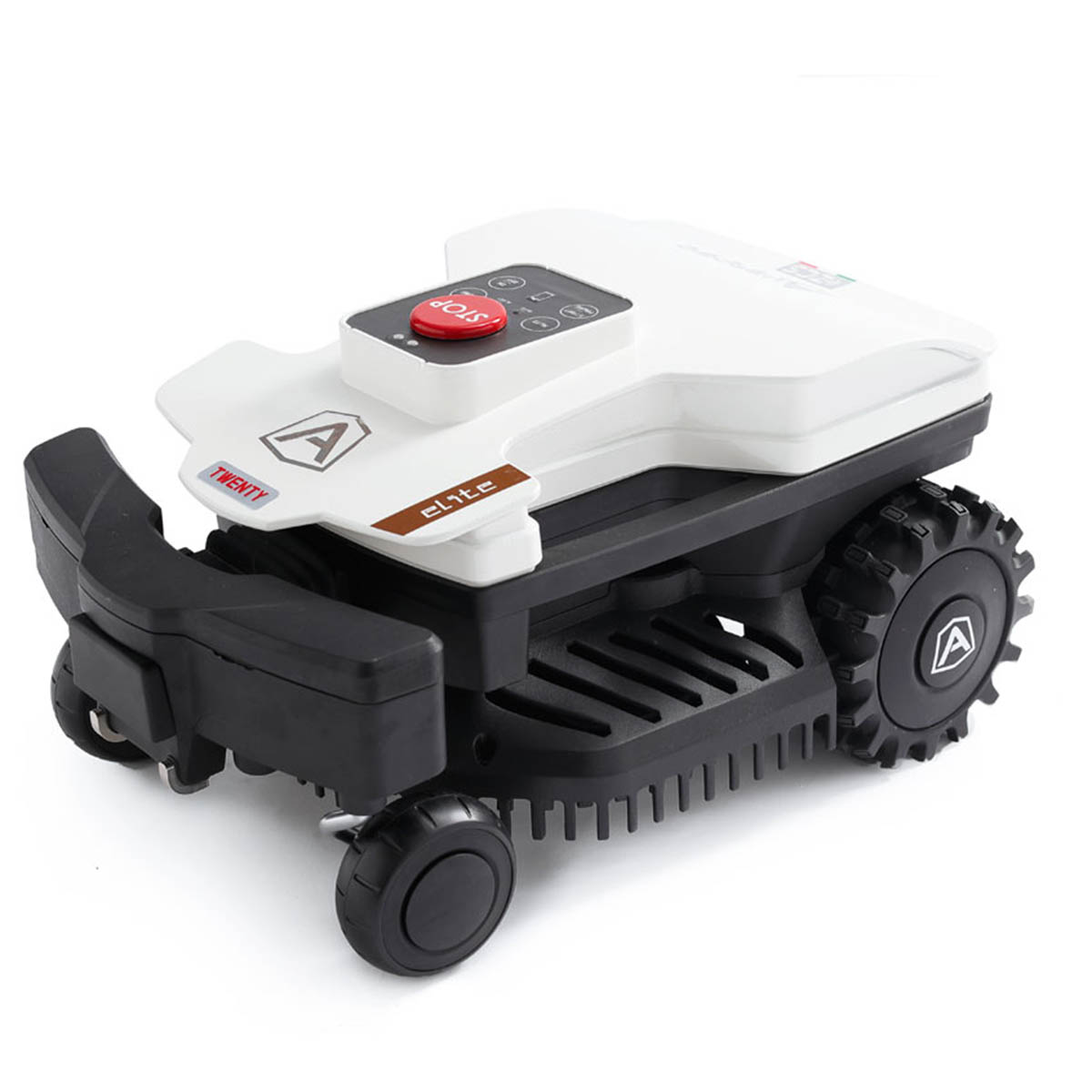 Compact robotic lawn mower in white and black, featuring a control panel with a red button, sturdy wheels, and a sleek design for efficient grass cutting.
