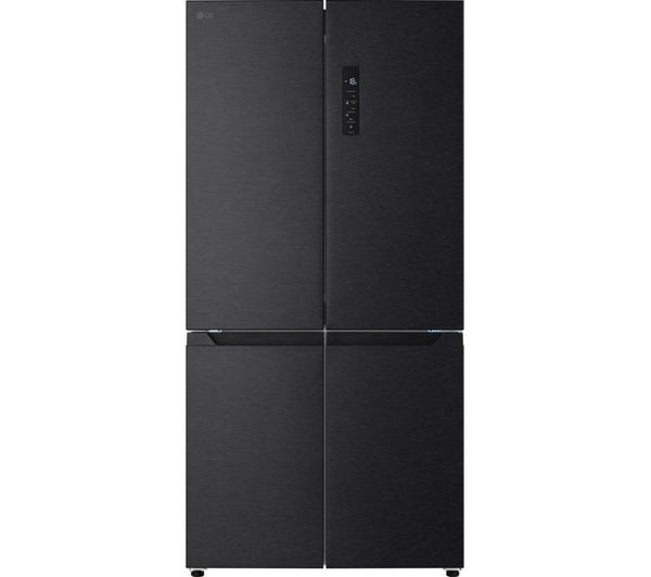 Matte black LG GMM42ABBEH American style fridge freezer, 191cm tall, 600L capacity, featuring a sleek design and digital control panel.