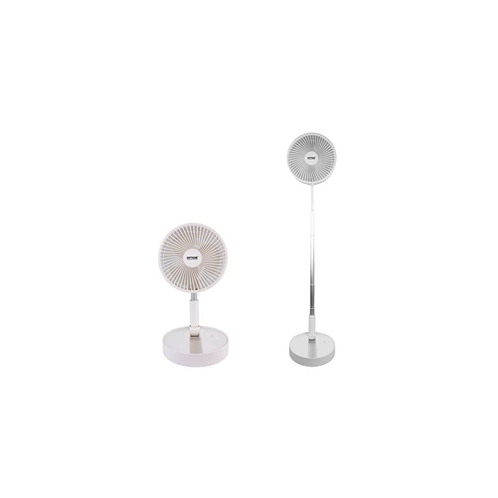 Portable AMOS 7" USB rechargeable mini desk fan in white, featuring a foldable design, three speed settings, and a sleek, modern base for easy placement on desks or bedside tables.