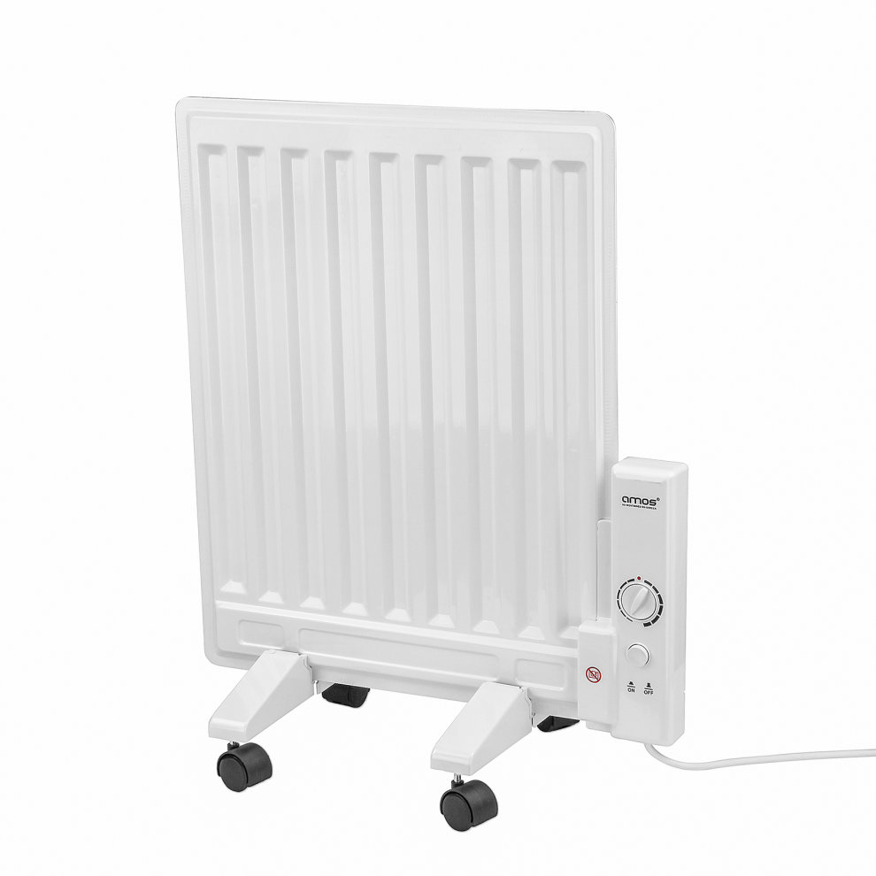 White oil-filled slim panel radiator with adjustable thermostat, featuring a control knob and wheels for easy mobility.