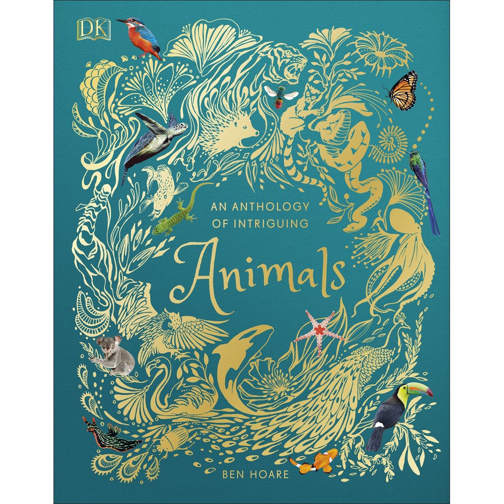 A teal book cover featuring intricate gold illustrations of various animals, including birds, fish, and insects, with the title "An Anthology of Intriguing Animals" prominently displayed.