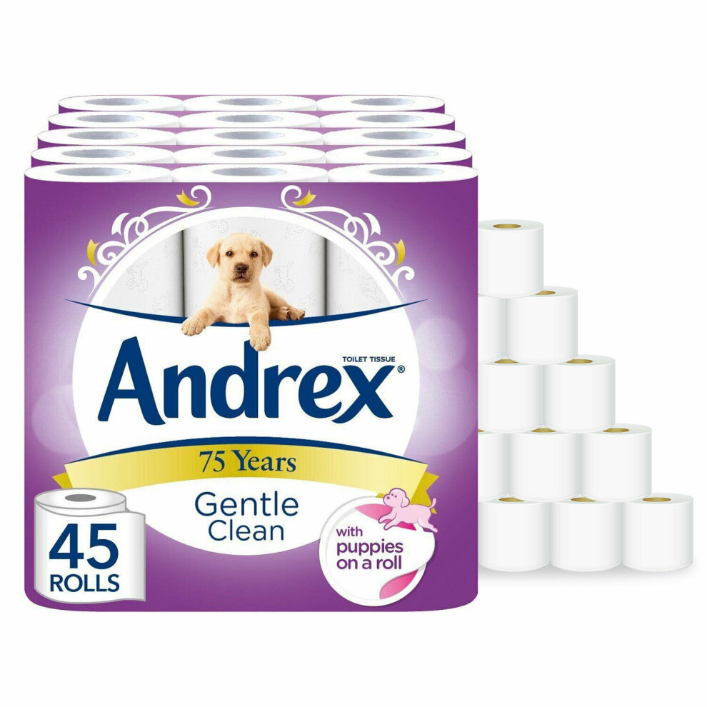 Andrex Family Soft Toilet Roll Pack features a purple and white design, showcasing 45 rolls with a puppy graphic, emphasizing gentle clean and celebrating 75 years of the brand.