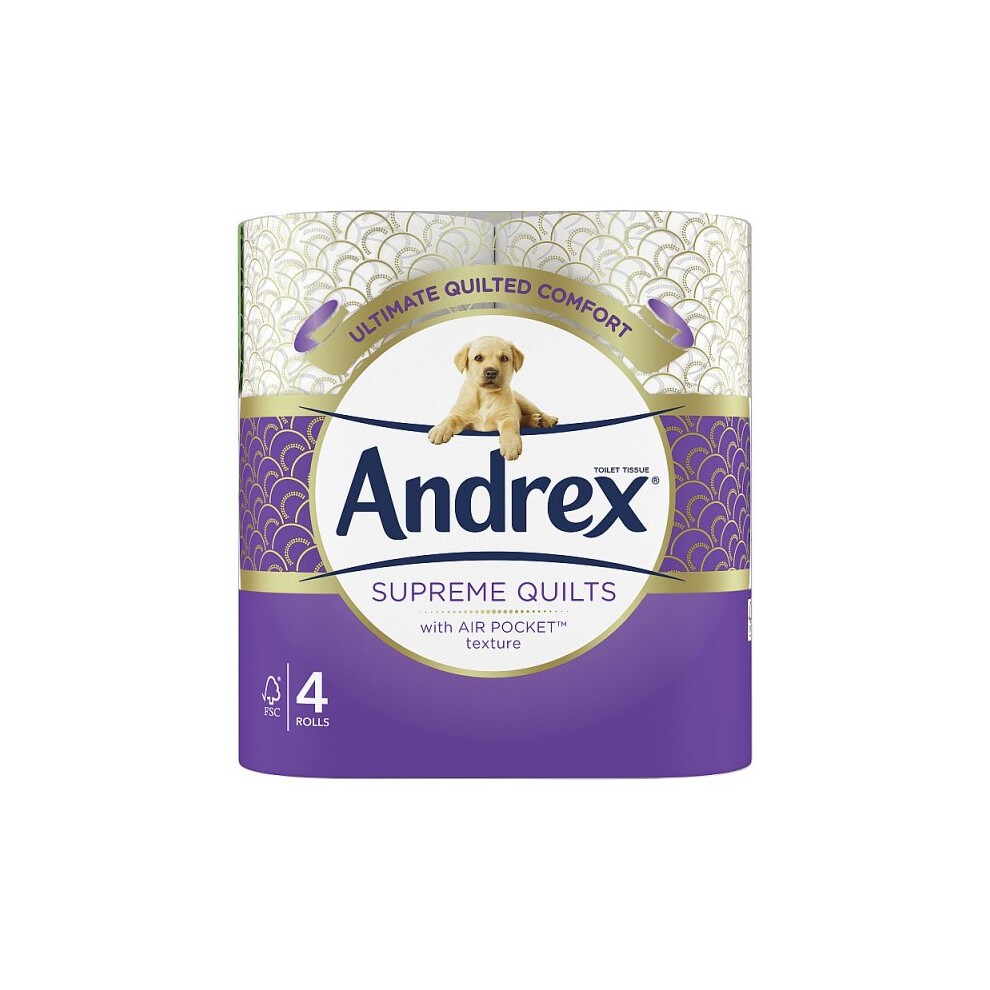 Purple and white packaging featuring the Andrex logo, showcasing "Supreme Quilts" with a puppy graphic, containing four rolls of fragrance-free 3 ply toilet paper.