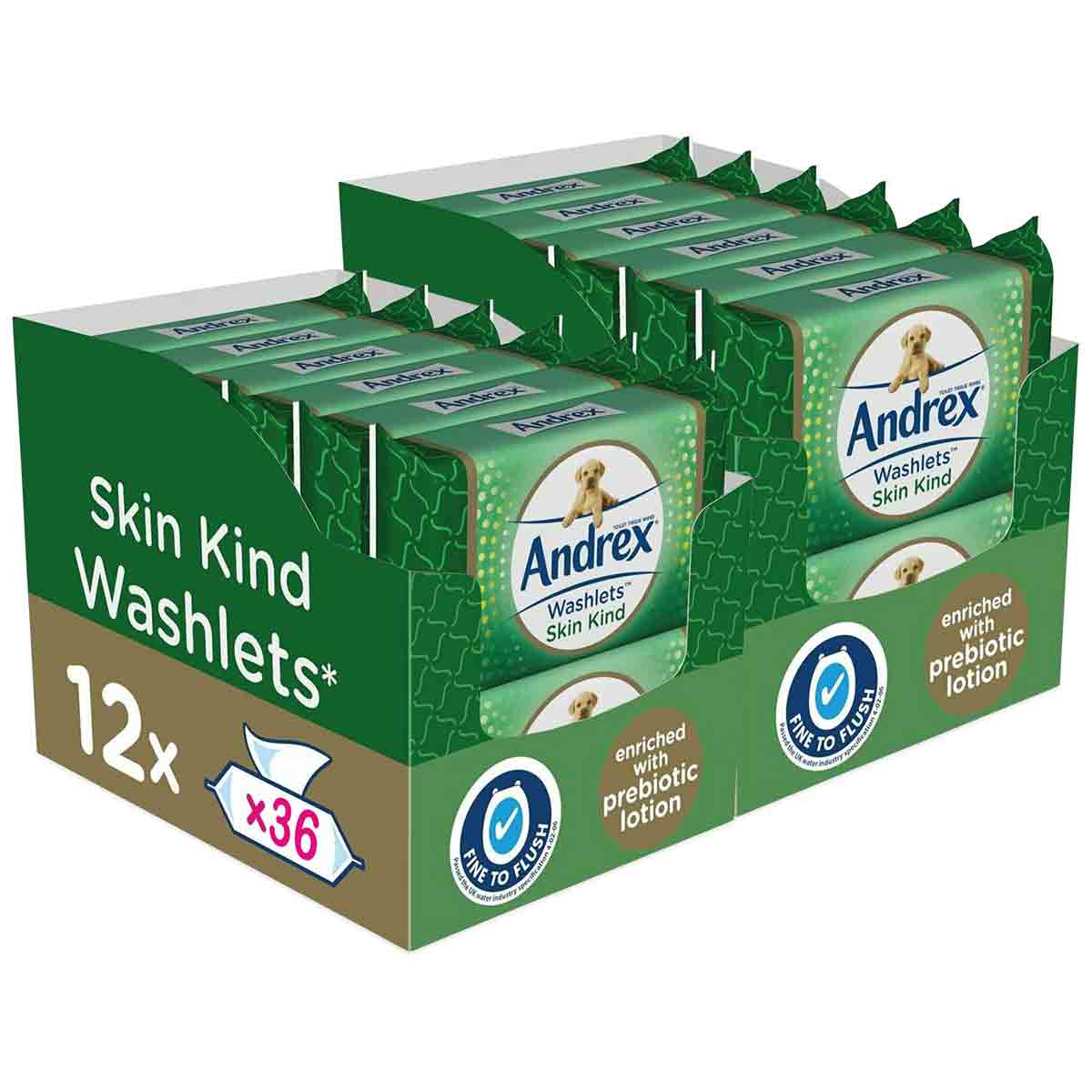 24 packs of Andrex Washlets, featuring green packaging with a dog logo, each containing 36 flushable wipes enriched with prebiotic lotion, all displayed in a sturdy box.