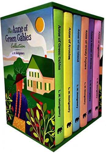 Colorful box set of "The Anne of Green Gables Collection" featuring six hardcover books, with illustrated covers and titles in vibrant hues, set against a picturesque countryside background.