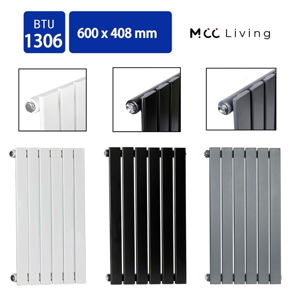 Grey horizontal and vertical flat panel radiator heater, measuring 600x408 mm, featuring a sleek design with multiple color options and a modern finish.