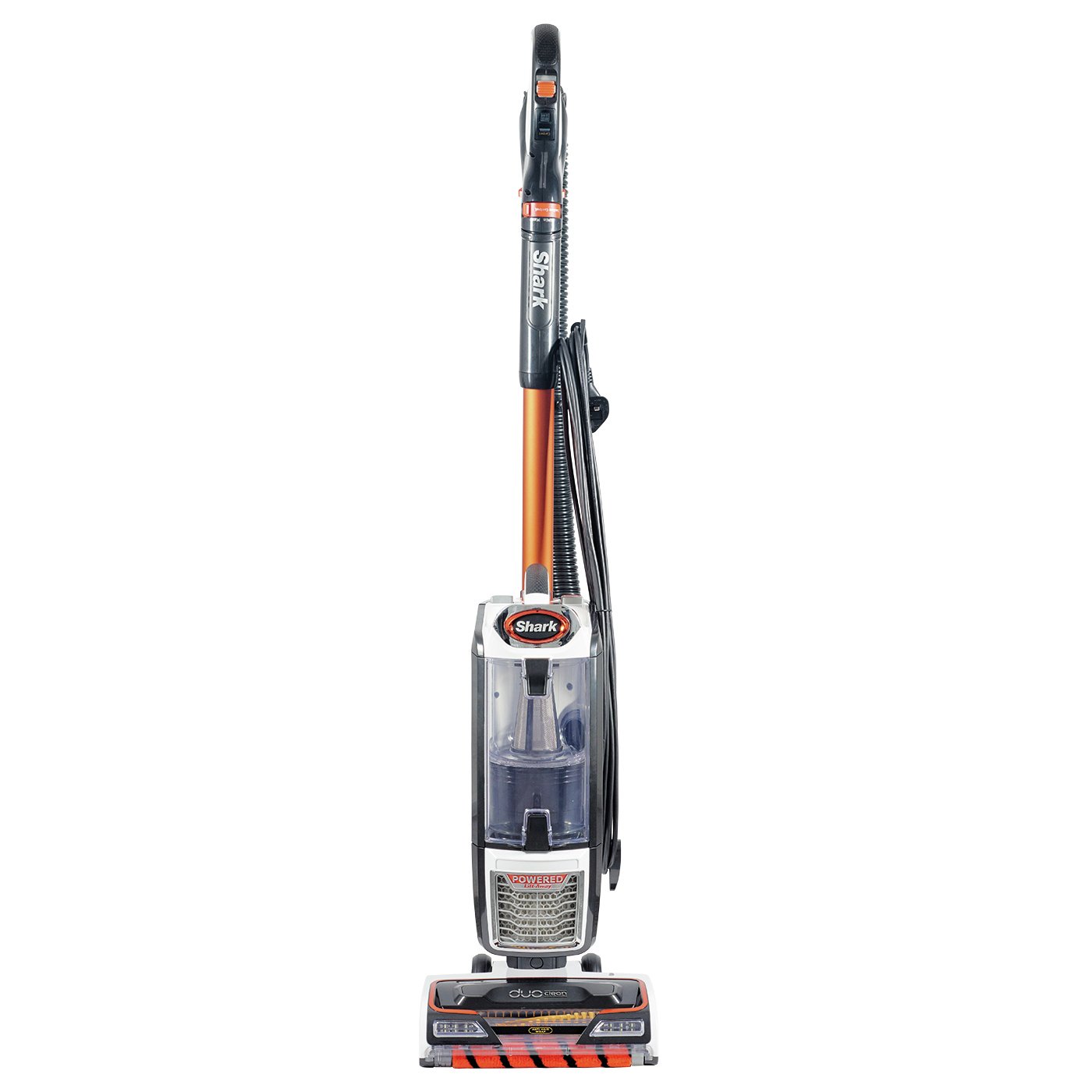 White upright vacuum cleaner with orange accents, featuring a powered lift-away canister, anti-hair wrap technology, and a clear dust container for easy monitoring.