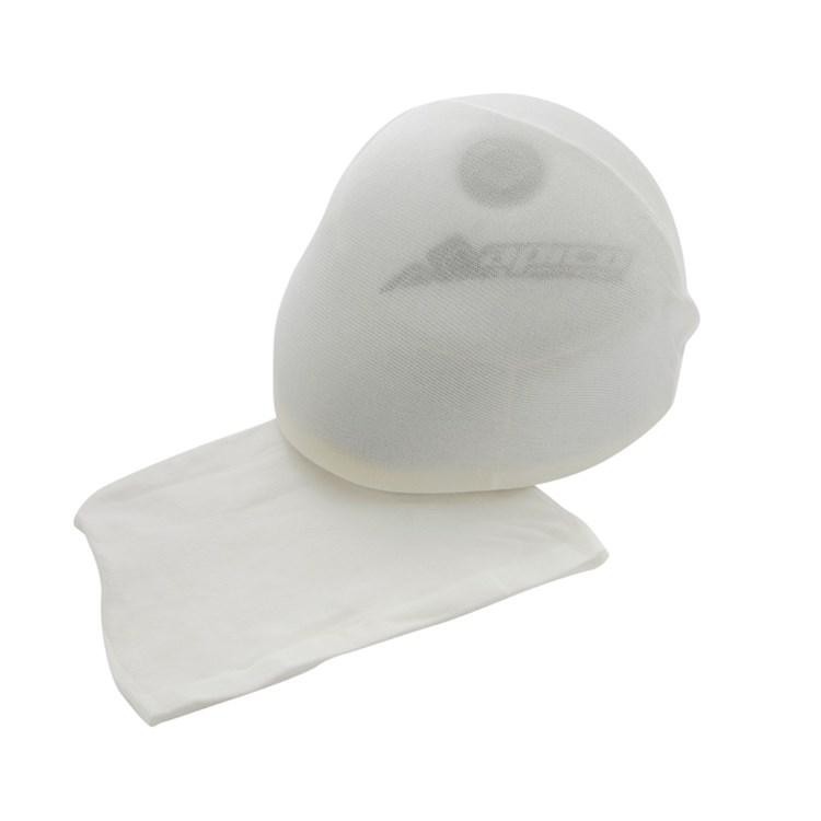 Two white air filter skins made of fine mesh material, designed to fit over air filters, featuring the Apico logo on one skin.