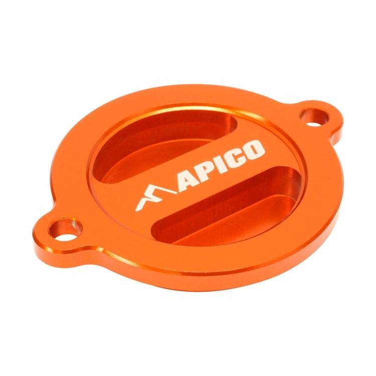 Orange aluminum oil filter cover with a circular design, featuring two mounting holes and engraved "APICO" logo, compatible with various KTM models from 2012 to 2016.