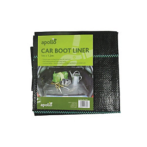 Black hard-wearing car boot liner measuring 1 x 1.2m, featuring a textured surface and green branding from Apollo Gardening, packaged with a clear display of its uses.