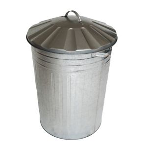 Galvanised steel outdoor litter bin with a 90L capacity, featuring a ribbed design and a domed lid with a handle for easy access.