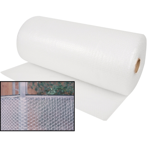 White bubble insulation roll measuring 30m x 750mm, featuring small bubbles, with a close-up inset showing the texture and clarity of the bubbles.