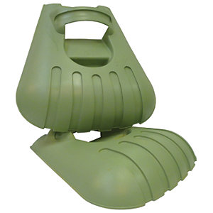 Large green plastic leaf grabbers with a scoop design, featuring a sturdy handle and ribbed surface for easy gripping, ideal for collecting garden debris.