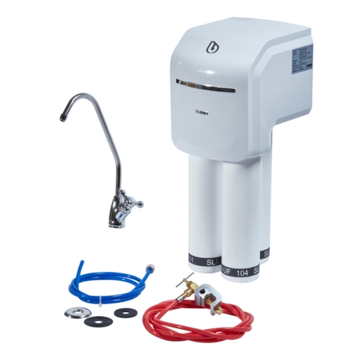 White Aqa Drink Pure Slim 3 Trio water filtration system with two cylindrical filters, a chrome faucet, and colorful tubing in blue and red, designed for easy installation.