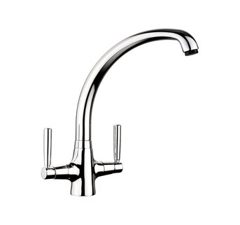 Chrome monobloc tap with a sleek, curved spout and two lever handles, showcasing a modern design and polished finish by Rangemaster.