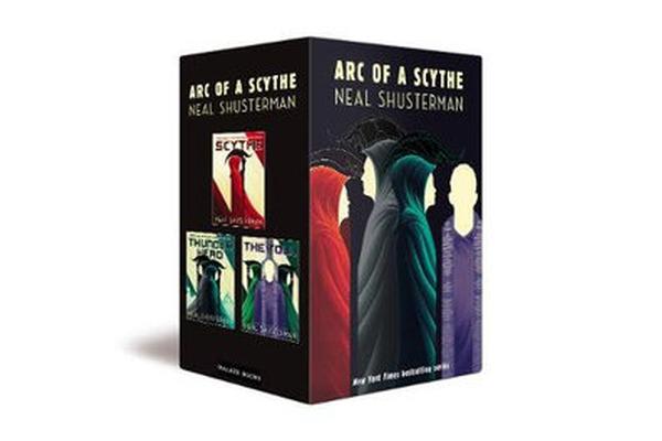Boxed set of "Arc of a Scythe" by Neal Shusterman featuring three book covers with dark colors and silhouettes, prominently displaying the title and author's name.