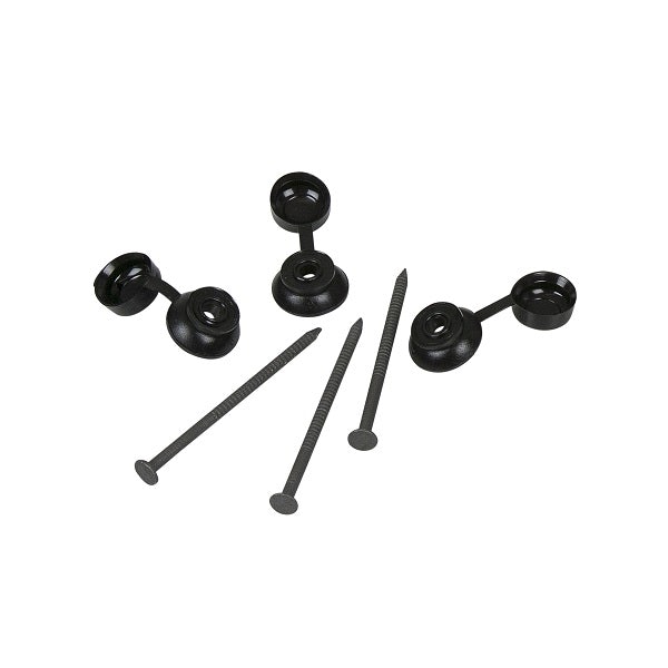 Black corrugated roofing sheet fixings, 65mm long, featuring round heads and accompanying screws, designed for secure attachment of roofing materials.