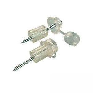 Clear plastic corrugated roof sheet fixings with silver screws, featuring a cylindrical design and a round cap for secure installation.