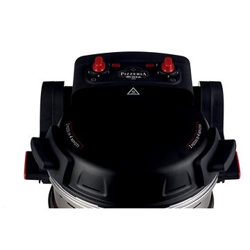 Black Ariete 32cm double pizza oven featuring a sleek design, red control knobs, and a sturdy build, ideal for making pizzas at home.