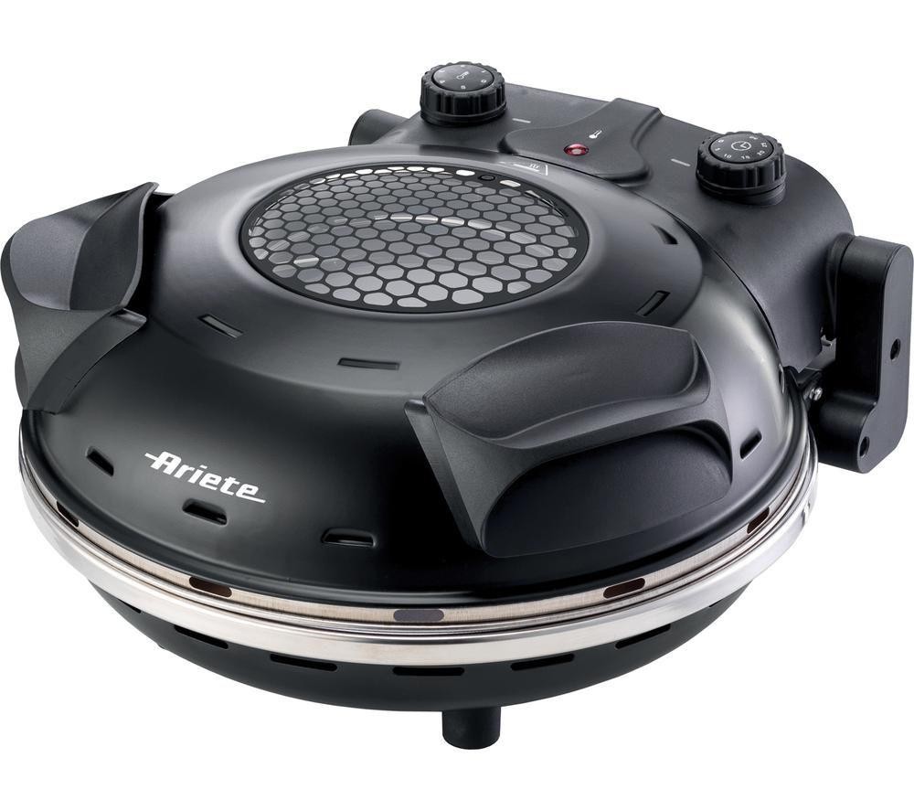 Black Ariete AR9280 single pizza oven with a 32cm cooking surface, featuring a viewing window, control knobs, and a sleek, rounded design.